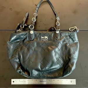 Coach black leather embossed Mia purse/tote/handbag with green satin trim